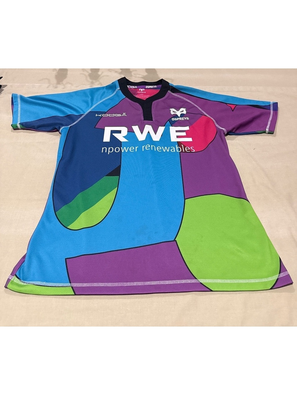 KooGa Ospreys Rugby Union Multicolored Training Shirt Jersey RWE Sponsor Men's L